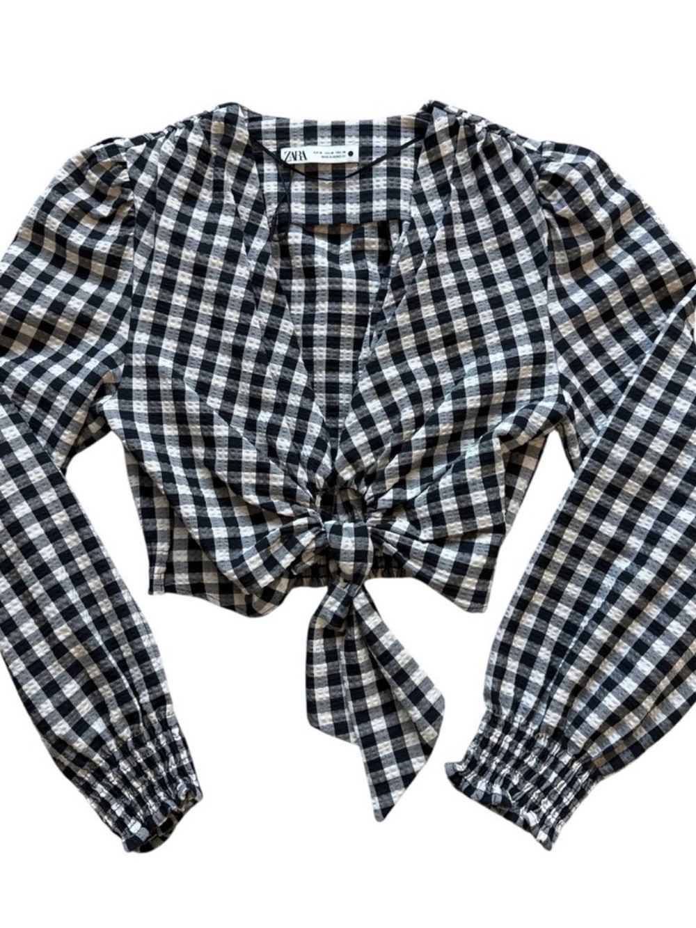 Zara Black and White Gingham Tie-Front Crop Top